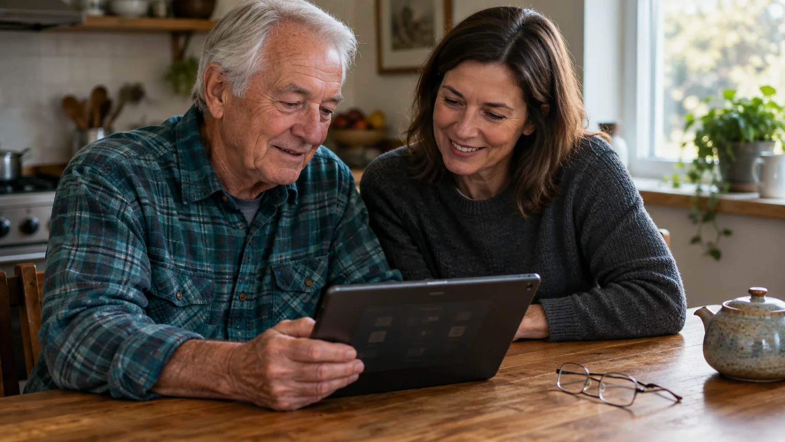 An older man and a smiling woman sit at a wooden table looking at a handheld tablet together.
