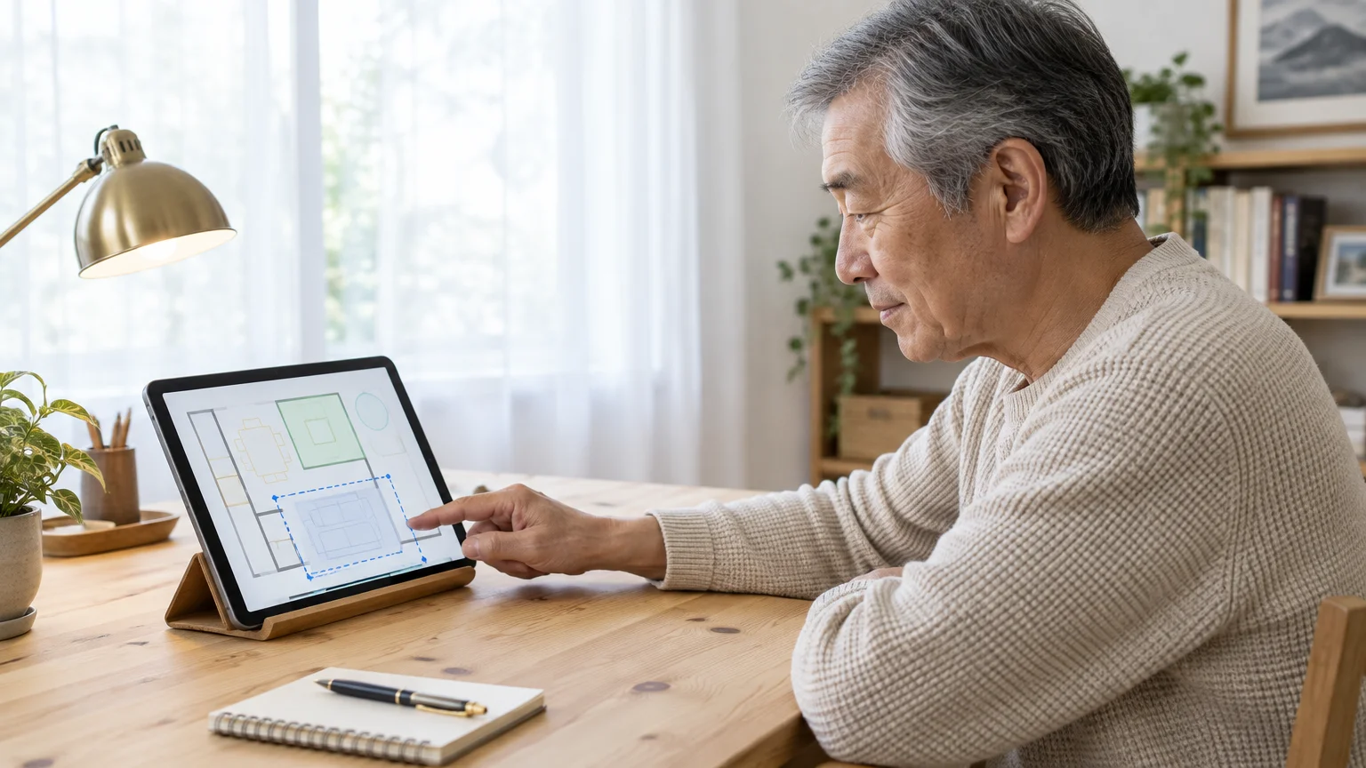 Man sitting at a wooden table using a tablet to adjust a digital floor plan with a blue boundary box.