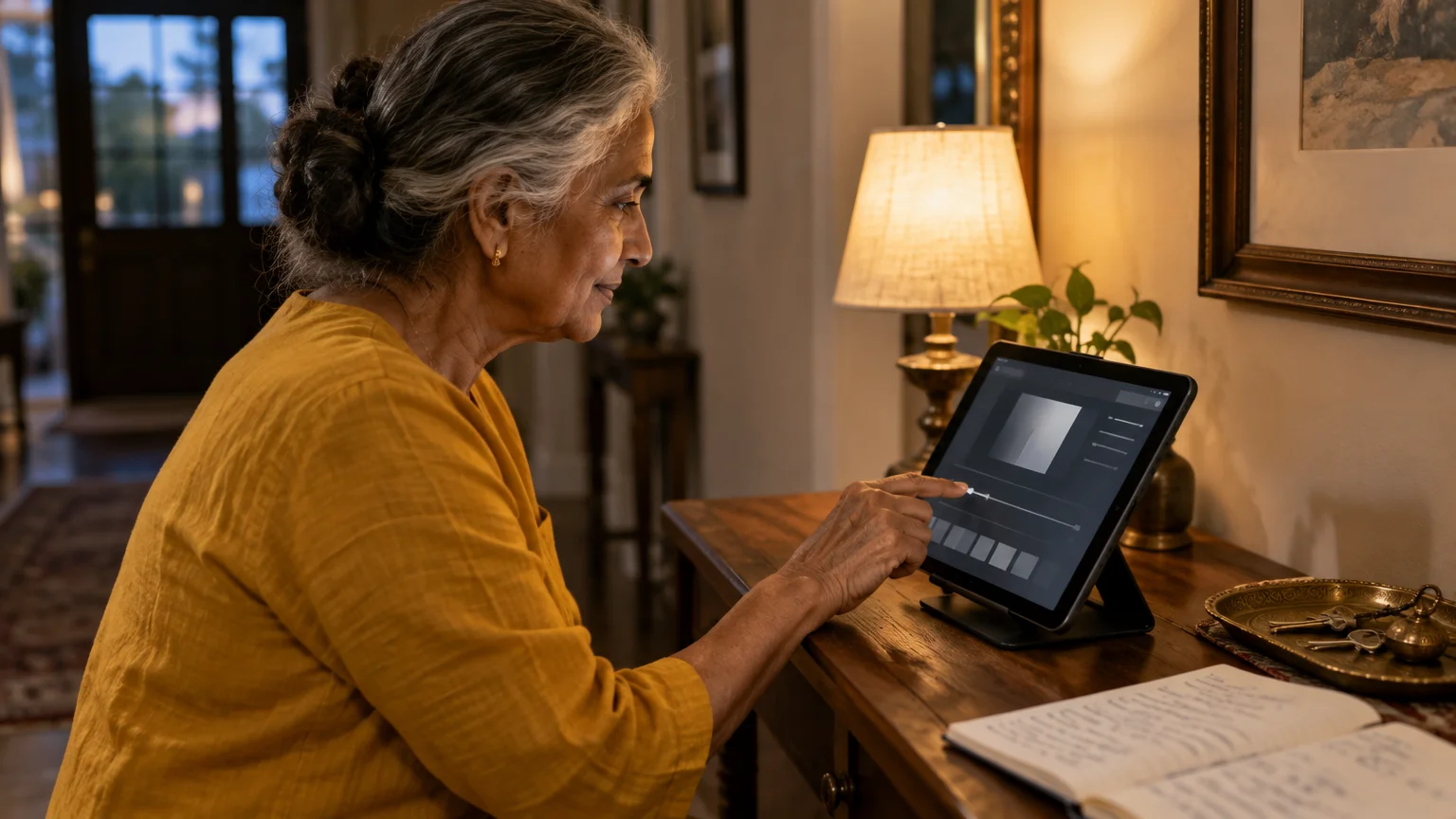 A woman with gray hair sits at a wooden desk and adjusts a brightness slider on a mounted tablet screen.