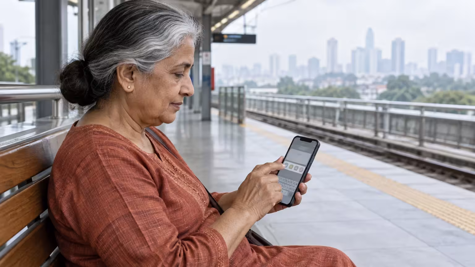 A woman sits on a bench at an outdoor train platform while typing on her smartphone with a city skyline behind her.