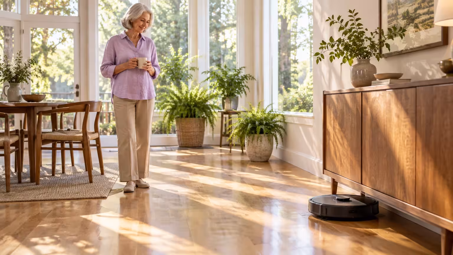 A senior woman holds a mug in a bright living room as a robotic vacuum cleans hardwood floors near a sideboard.
