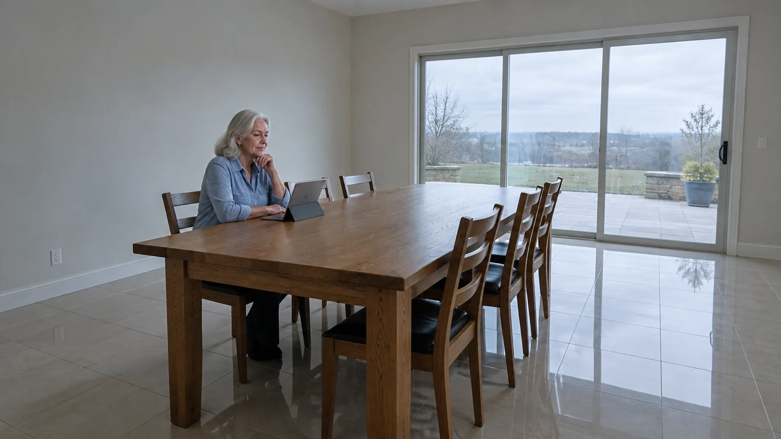 A woman sits with a tablet at a large wooden dining table in an empty room with shiny tile floors and glass doors.