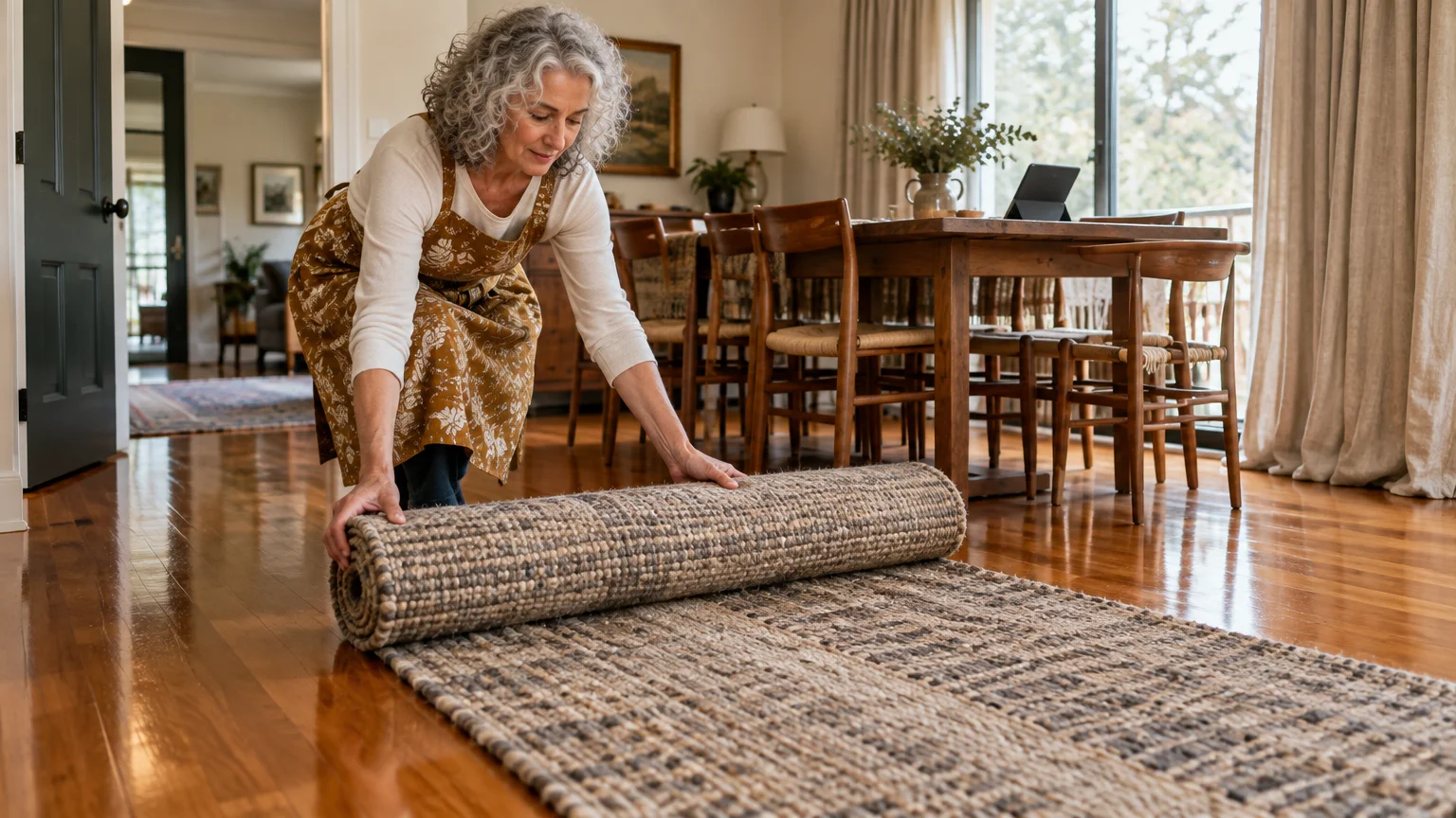 A woman unrolling a textured woven rug onto a polished wood floor in a dining room.