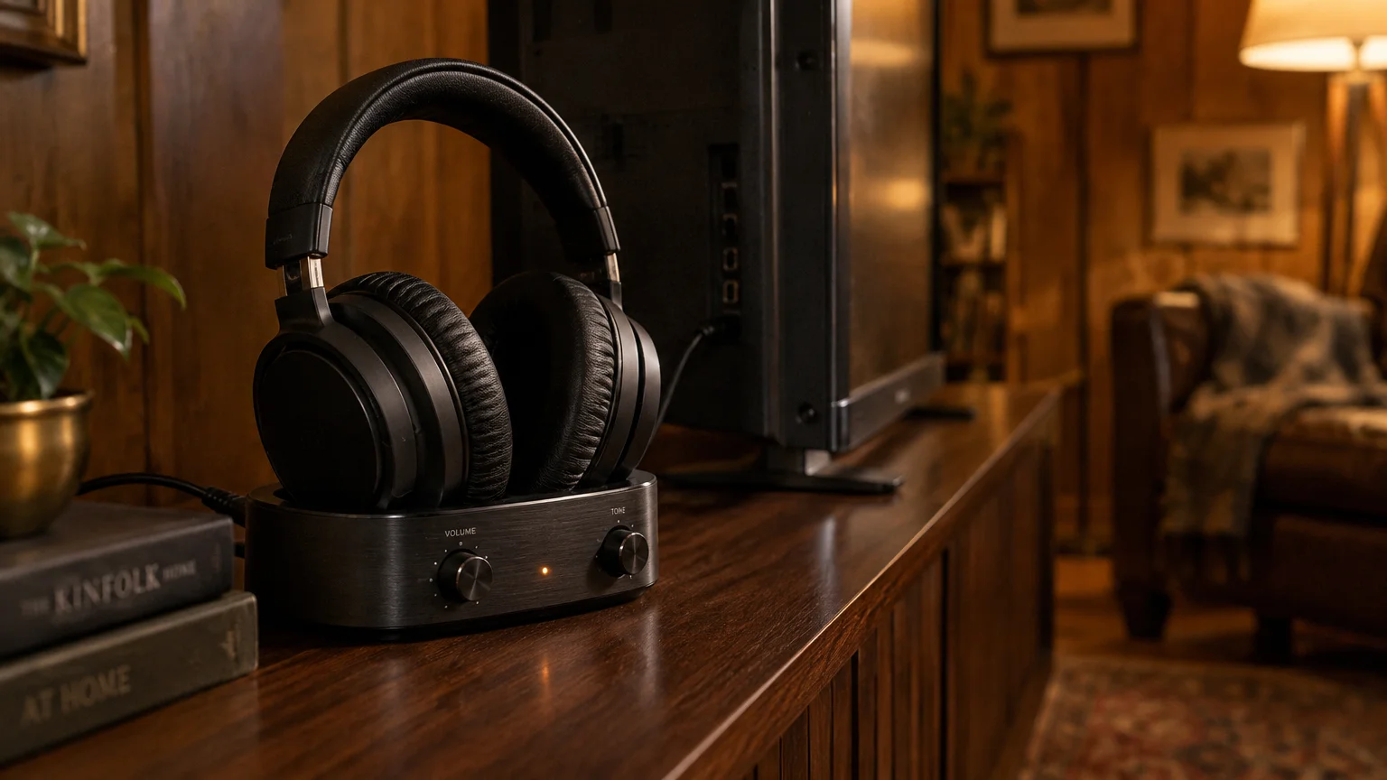 Wireless over-ear headphones resting in a transmitter base next to a television on a wooden media console.