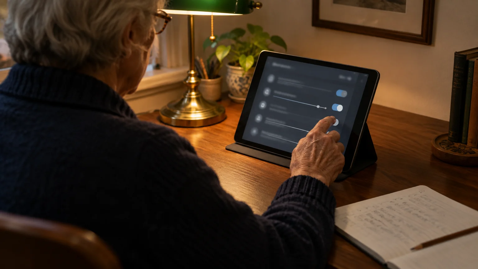 Person sitting at a wooden desk with a lamp, adjusting settings toggles on a propped-up tablet screen.