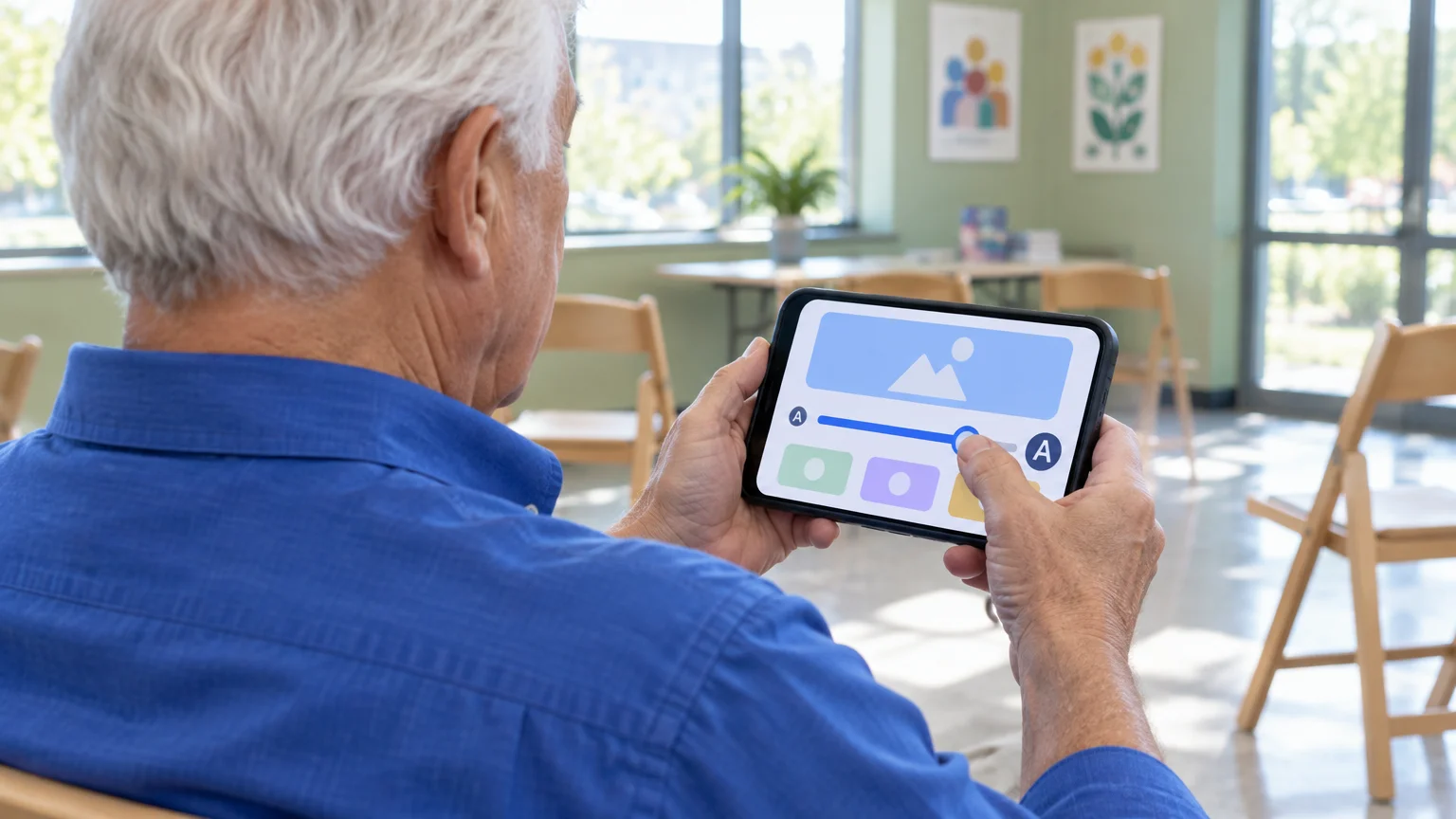 Older man holding a smartphone horizontally while adjusting a text size slider on the display.