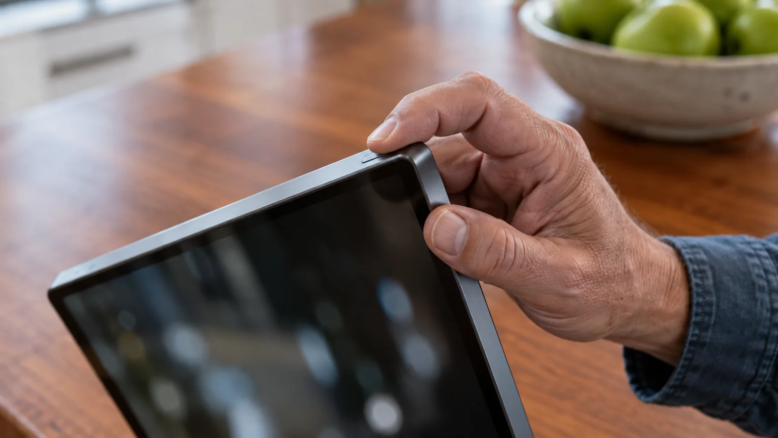 A person's hand pressing the top power button on the corner edge of an iPad above a wooden table.