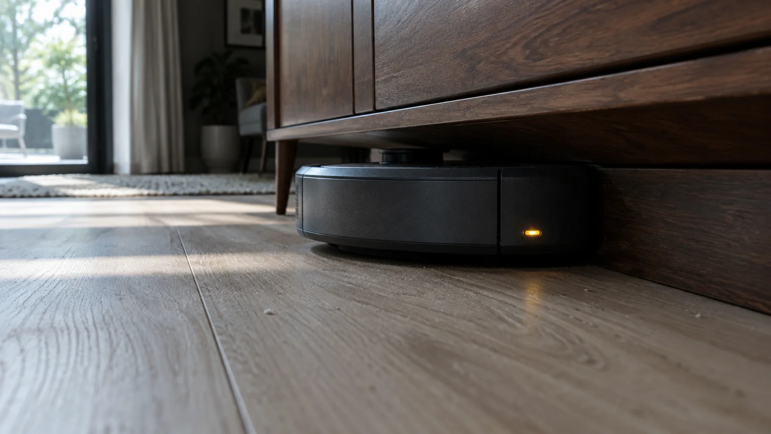 Black robot vacuum wedged tightly underneath a low dark wood cabinet on a light wood plank floor.