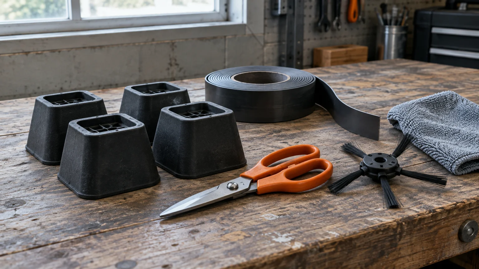 Black furniture risers, magnetic boundary strip, scissors, robot vacuum side brush, and microfiber cloth on wooden workbench.