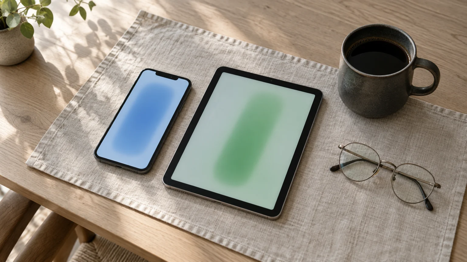 A smartphone and tablet lie on a placemat beside eyeglasses and a coffee mug on a wooden table.