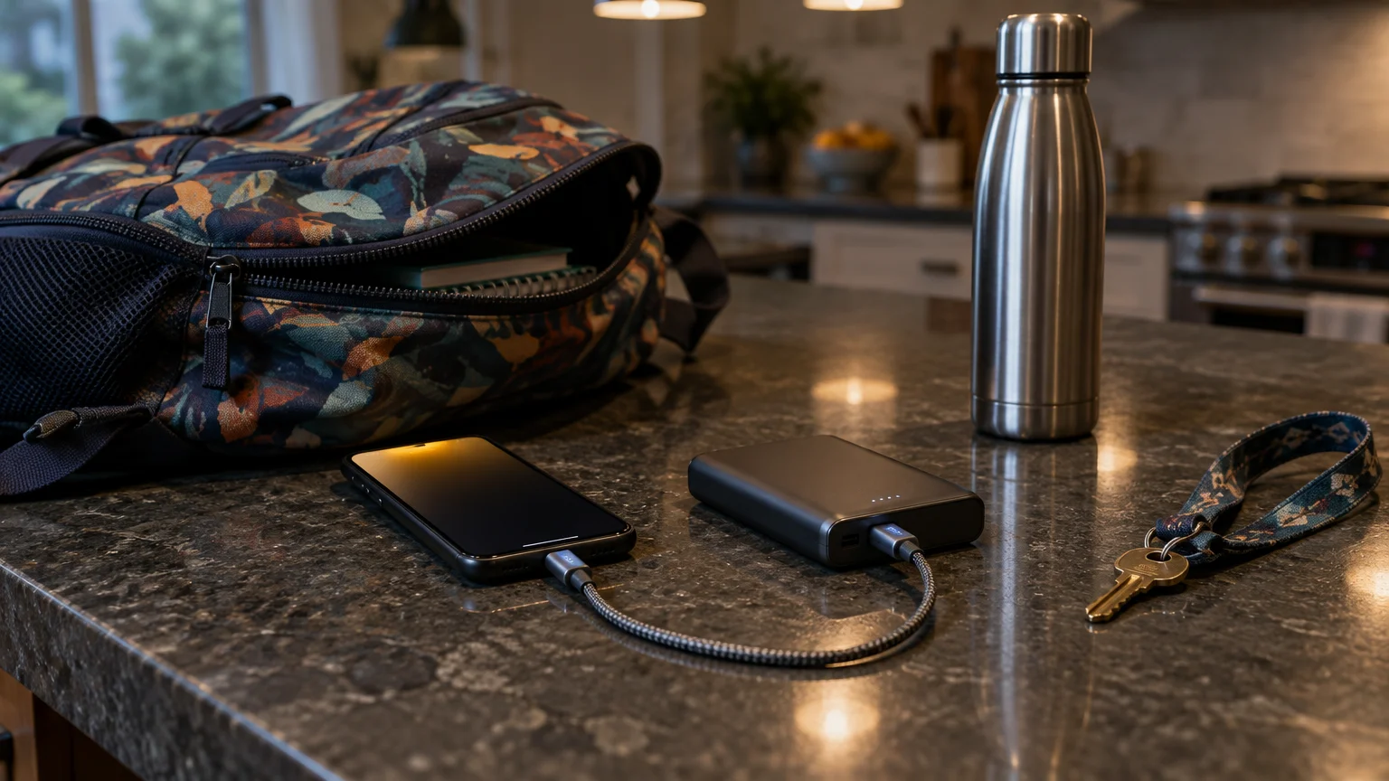 Smartphone plugged into a portable power bank on a kitchen counter next to a backpack, metal water bottle, and keys.