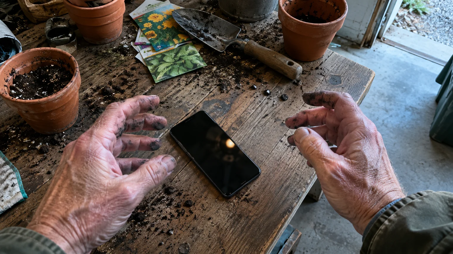 Soil-covered hands hovering over a black smartphone screen on a wooden potting table with flower pots and seeds.