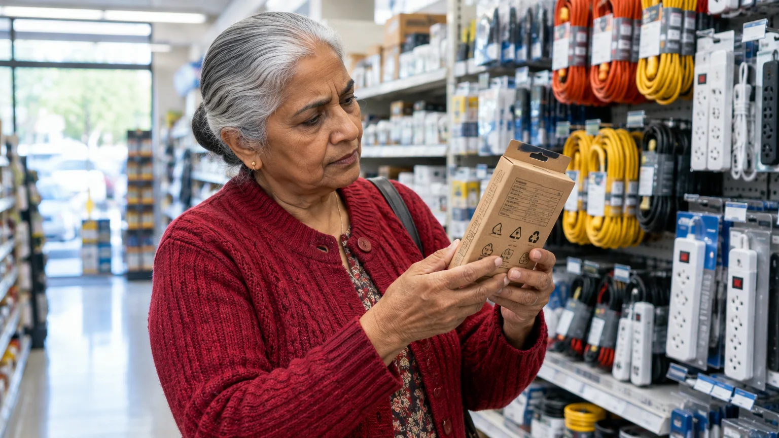 A woman in a red cardigan inspects the back of a small cardboard electronics box in a store aisle.