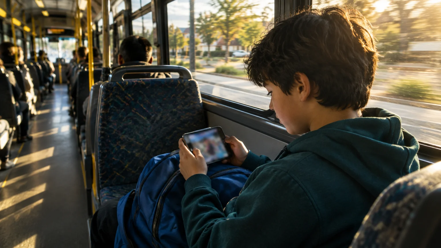 A boy sitting inside a bus looking down at a smartphone in his hands next to a sunny window.