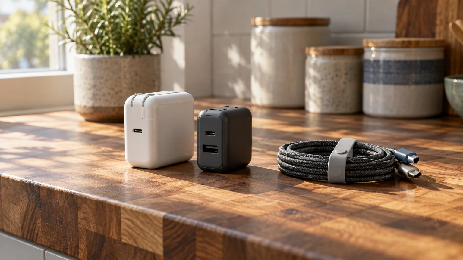 White and black wall chargers beside a coiled, braided USB cable on a wooden countertop near a window.