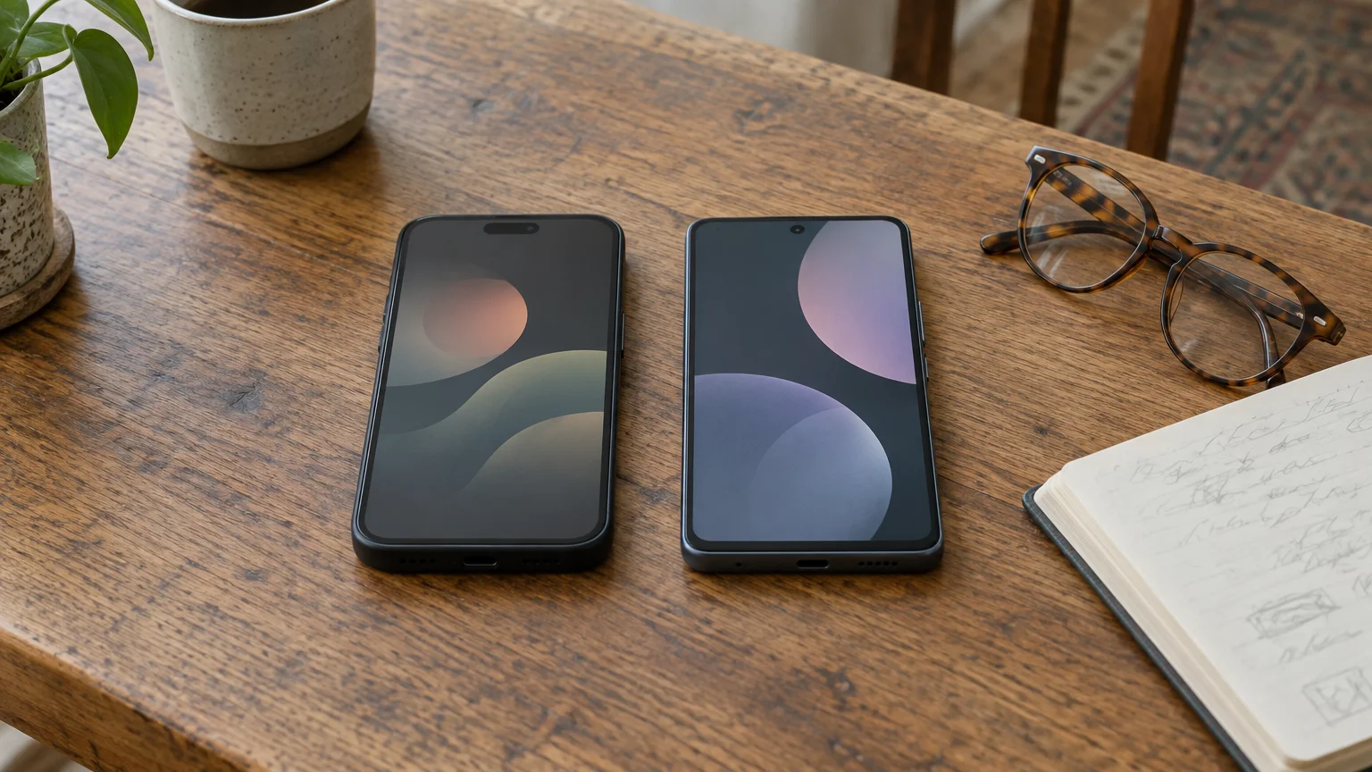 Two smartphones lying face up on a wooden desk next to eyeglasses, a notebook, and a ceramic mug.