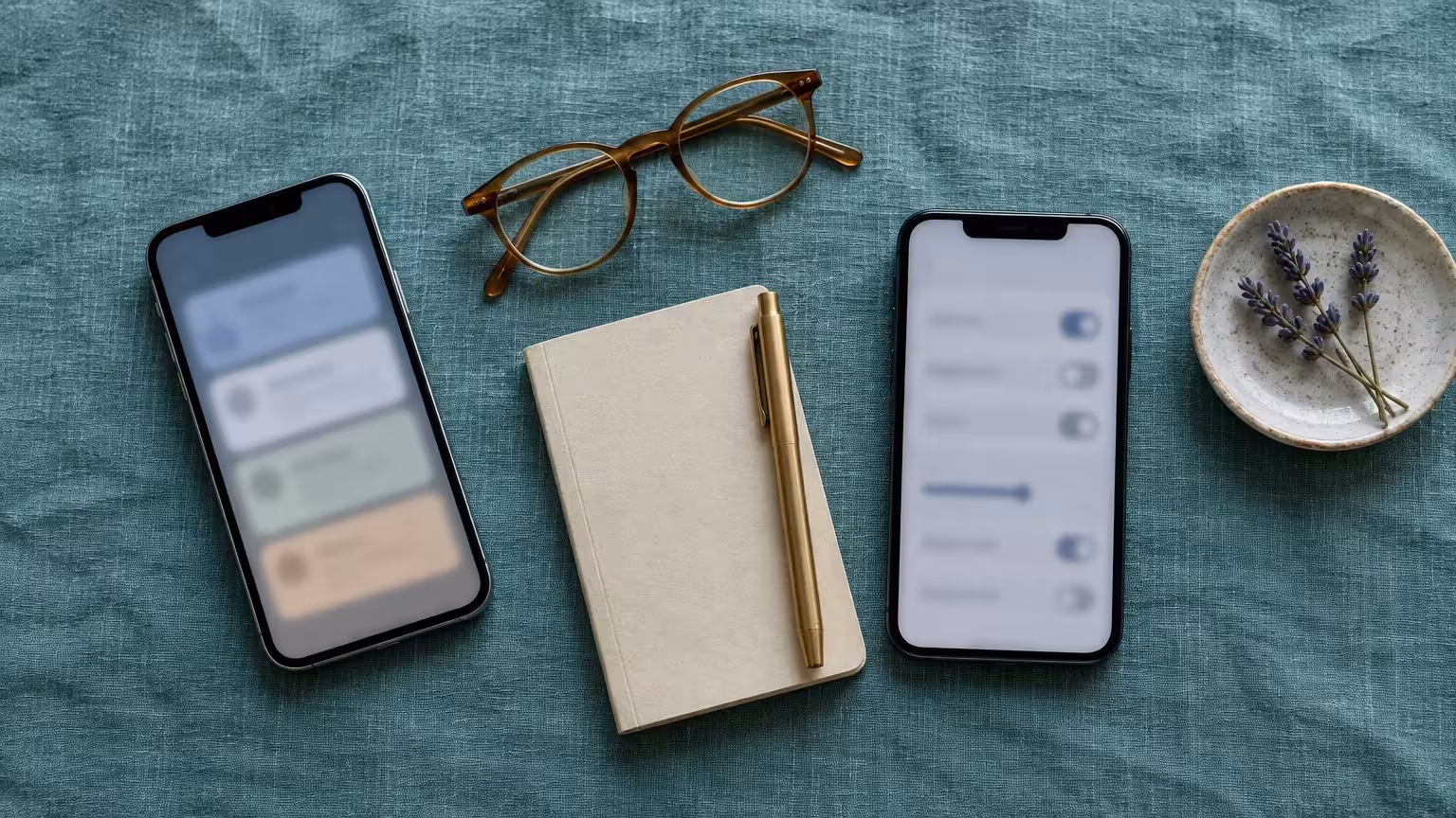 Top-down view of two smartphones flanking a small notebook and pen, with eyeglasses and a dish of lavender nearby.