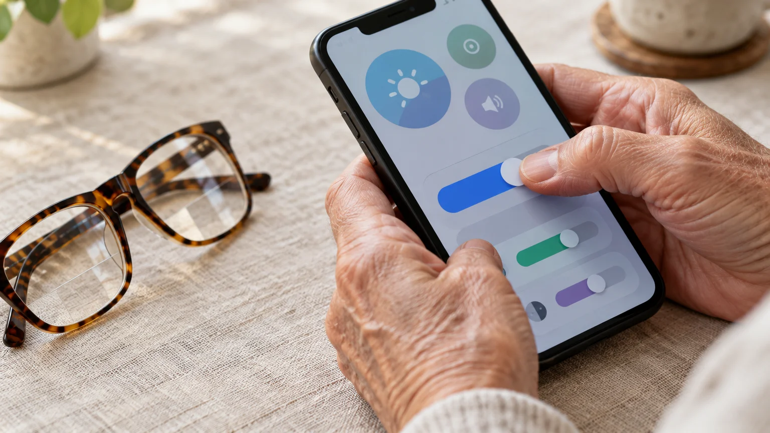 Elderly hands holding a smartphone and adjusting on-screen sliders next to a pair of eyeglasses on a table.
