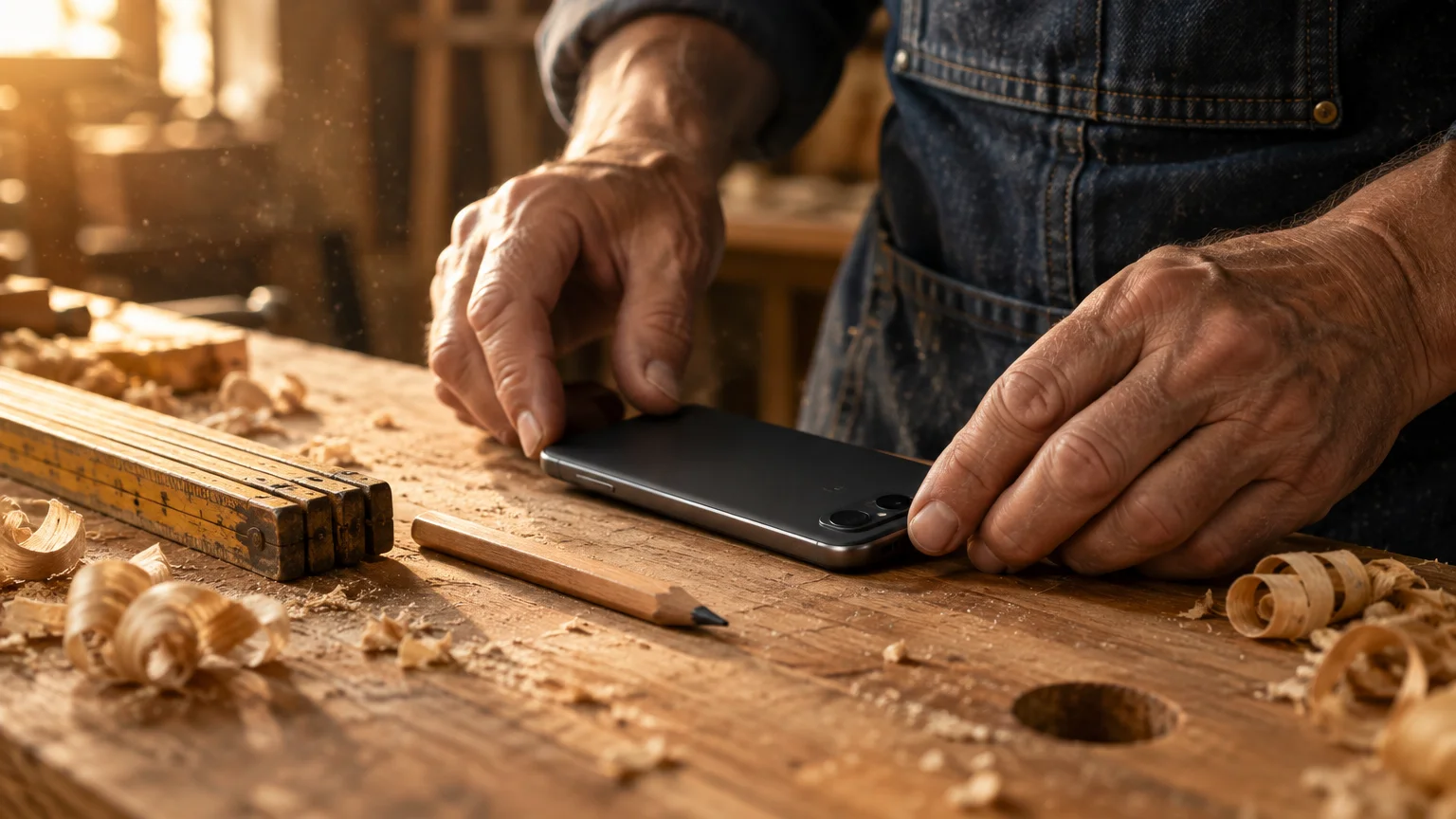 A carpenter in a denim apron places a black smartphone on a wooden workbench covered in wood shavings and tools.