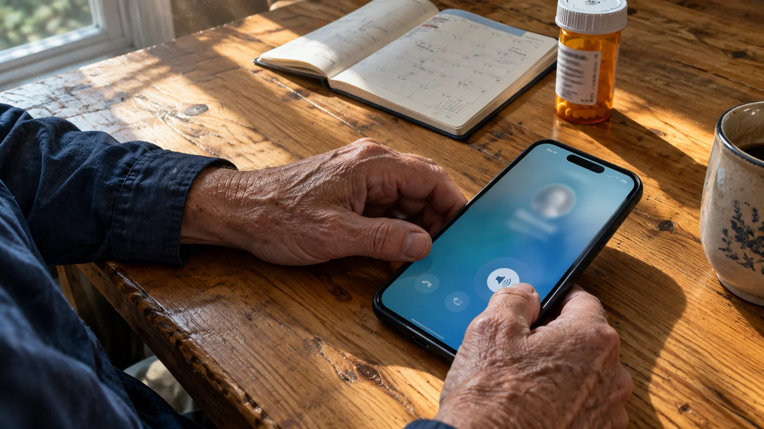 Older person's hands holding a smartphone on a call, resting on a wooden table beside a planner and pill bottle.