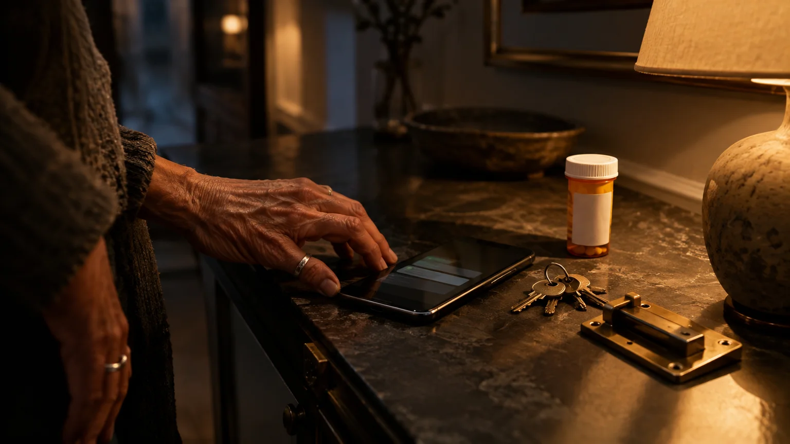 An older person's hand reaches for a smartphone beside a prescription pill bottle and keys under warm lamp light.