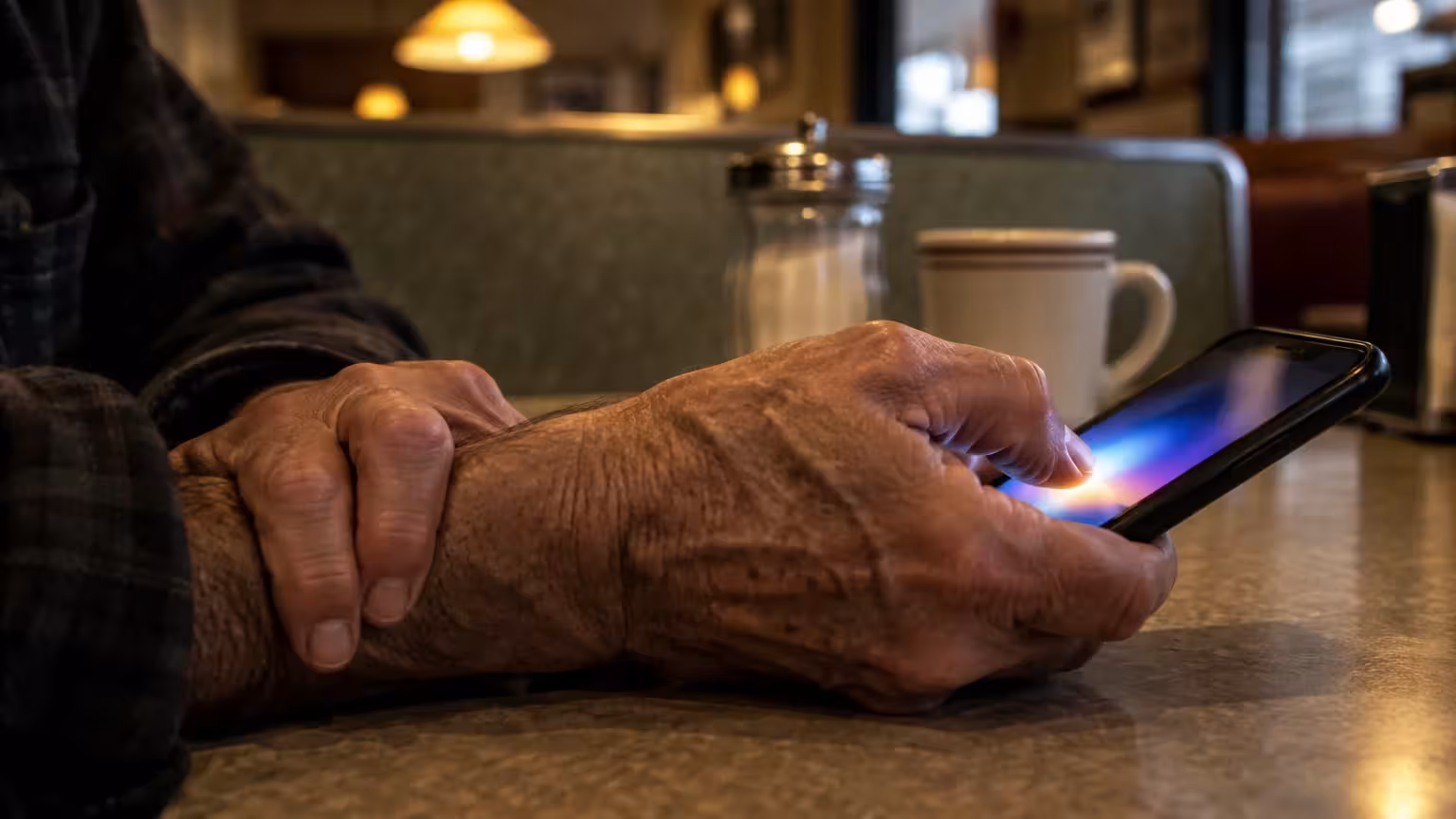 Close-up of an older person's hands holding a glowing smartphone on a table in a diner booth.