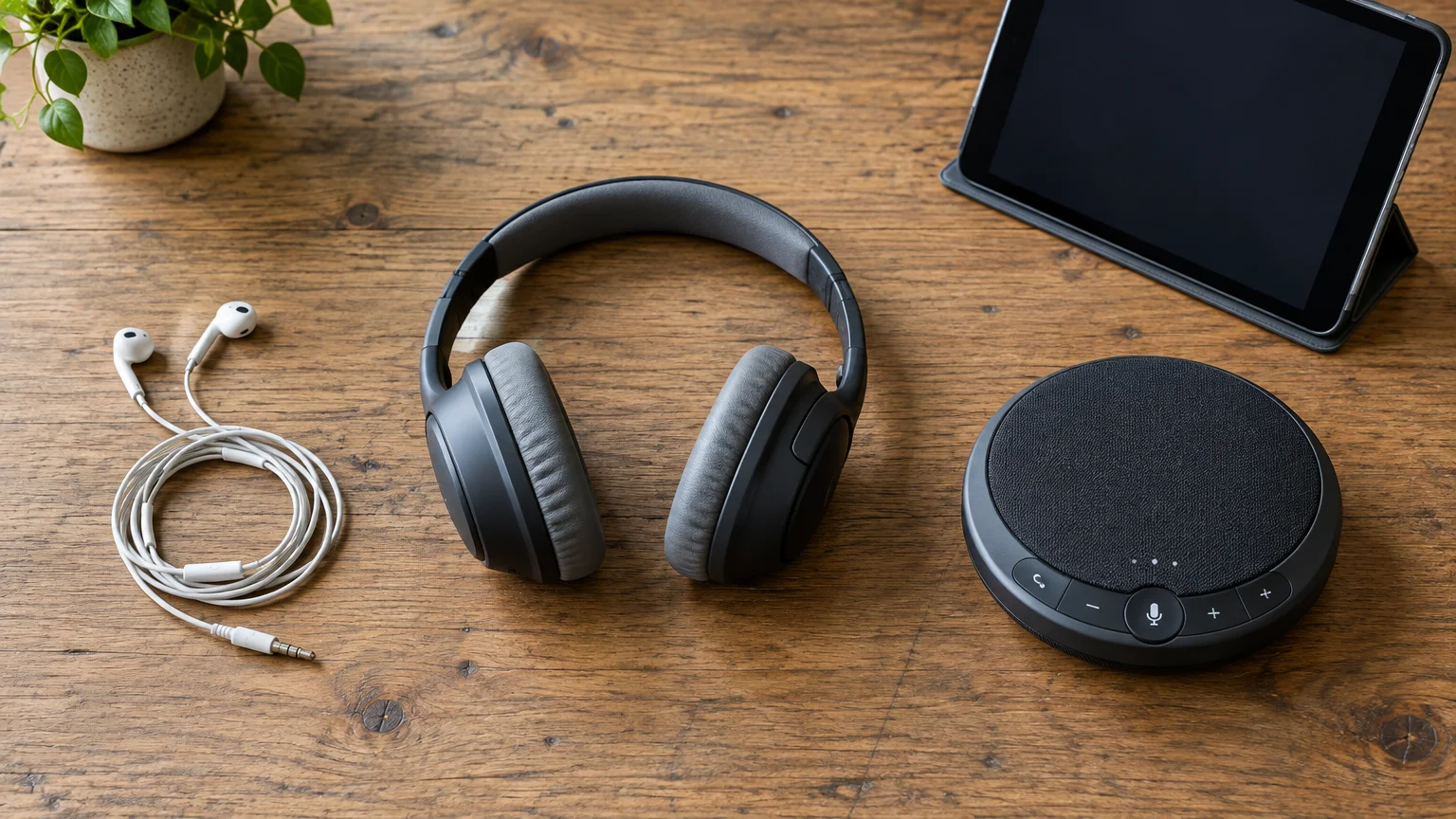 Wired earbuds, over-ear headphones, a round conference speakerphone, and a tablet arranged on a wooden desk.