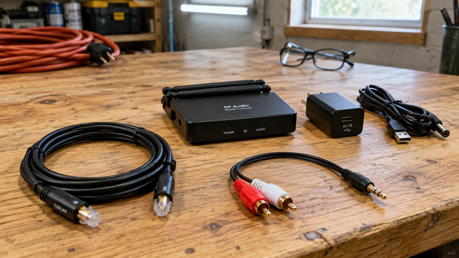 Black RF audio transmitter, power adapter, optical cable, and RCA to 3.5mm adapter cable arranged on a wooden workbench.