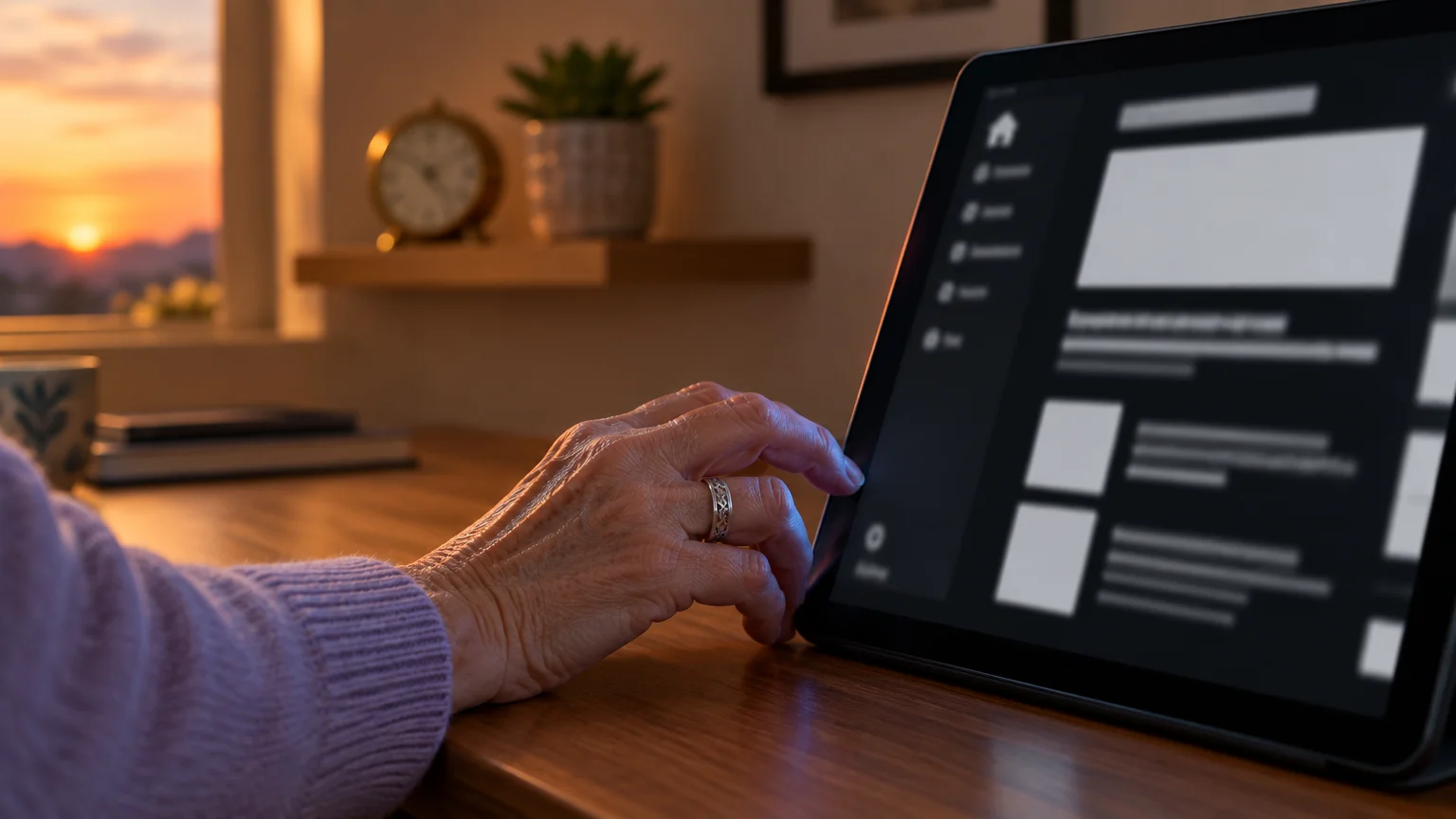 Hand with a ring touching a tablet screen displaying a dark interface on a wooden desk near a sunset window.